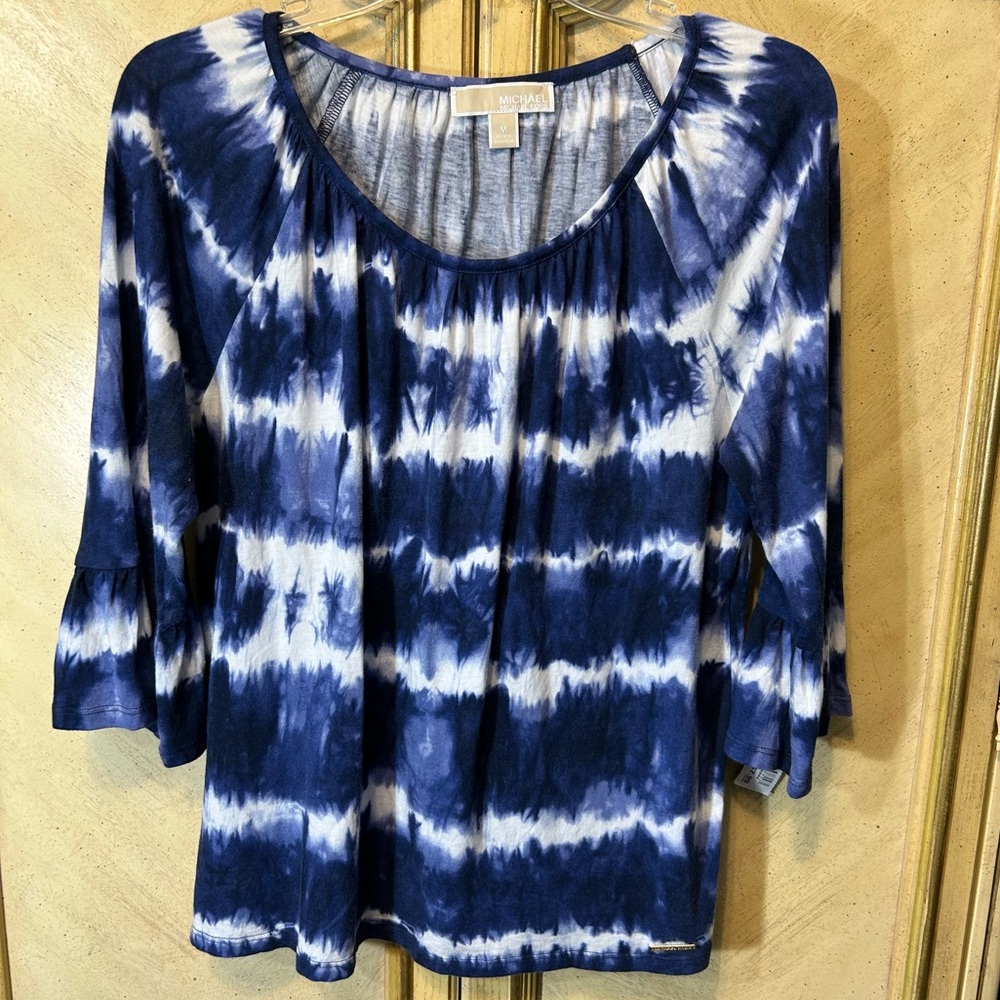 Michael Kors Blue & White Tie Dye Top 3/4 Bell Sleeve Shirt Blouse